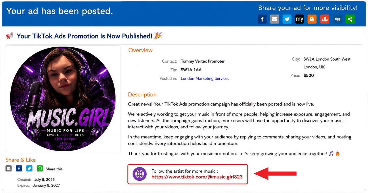Music Girl — supplied TikTok promotion listing.